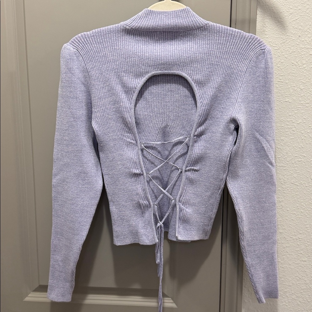Anthropologie Mock-Neck Lace-Up Open Back lilac purple ribbed Sweater XS S - Picture 5 of 9